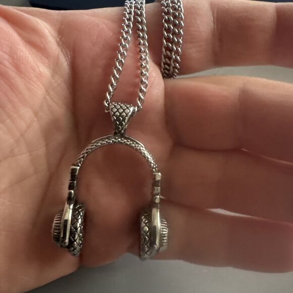 Headphones D.J. Stainless Steel Pendant 24 Inch Chain Necklace Men’s Vintage - Picture 5 of 7